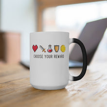 Load image into Gallery viewer, Magic Color Changing Mug with “Choose Your Reward” along with a Health Heart, Sword, Potion Bottle, Shield, and Coin. Which would you choose?