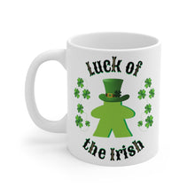 Load image into Gallery viewer, ☘️ Luck of the Irish Meeple ☘️ Save this one as your lucky gamer mug. Description: This classic shaped white, durable ceramic mug is perfect for coffee, tea, or even yummy hot chocolate.  St Patrick's Day Gamer MUG
