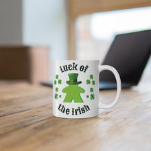 Load image into Gallery viewer, ☘️ Luck of the Irish Meeple ☘️ Save this one as your lucky gamer mug. Description: This classic shaped white, durable ceramic mug is perfect for coffee, tea, or even yummy hot chocolate.  St Patrick's Day Gamer MUG