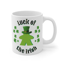Load image into Gallery viewer, ☘️ Luck of the Irish Meeple ☘️ Save this one as your lucky gamer mug. Description: This classic shaped white, durable ceramic mug is perfect for coffee, tea, or even yummy hot chocolate.  St Patrick's Day Gamer MUG