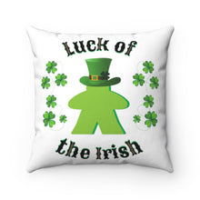 Load image into Gallery viewer, ☘️ Luck of the Irish Meeple ☘️ Your go-to LUCKY gaming room PILLOW is here!  Reach for it every Game Night!  Description: Game room accents shouldn't be underrated. These beautiful indoor pillows come in two sizes: a smaller 14” x 14” and a larger 20” x 20” size.  Each creative custom pillow design will serve as statement pieces, creating a personalized environment.