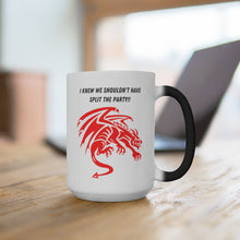 Load image into Gallery viewer, RPG (Roll Playing Game) humor.  Yeah, I knew we shouldn't have split the party.  Funny design with a large, scary red dragon.  Bring a sense of magic and wonder to your breakfast table with this new age mug!
