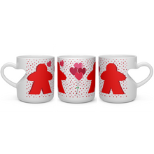 Load image into Gallery viewer, Valentine's Day Gift Meeple Love heart shaped handle mug with meeples and hearts