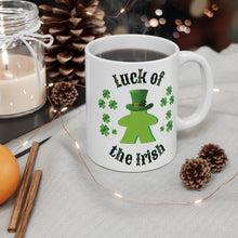 Load image into Gallery viewer, ☘️ Luck of the Irish Meeple ☘️ Save this one as your lucky gamer mug. Description: This classic shaped white, durable ceramic mug is perfect for coffee, tea, or even yummy hot chocolate.  St Patrick's Day Gamer MUG