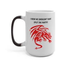 Load image into Gallery viewer, RPG (Roll Playing Game) humor.  Yeah, I knew we shouldn't have split the party.  Funny design with a large, scary red dragon.  Bring a sense of magic and wonder to your breakfast table with this new age mug!