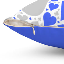 Load image into Gallery viewer, ♣️ ♦️ ♠️ ♥️ Covered in poker suits (hearts, clubs, diamonds, and clubs), this fun game room pillow is blue and gray to fit in perfectly with your game room decor.