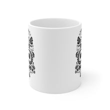 Load image into Gallery viewer, front side of gamer coffee mug with skull and 20 sided dice as eyes