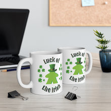 Load image into Gallery viewer, ☘️ Luck of the Irish Meeple ☘️ Save this one as your lucky gamer mug. Description: This classic shaped white, durable ceramic mug is perfect for coffee, tea, or even yummy hot chocolate.  St Patrick's Day Gamer MUG