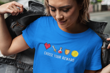 Load image into Gallery viewer, Gamer designed, T-shirt with video game images of a Health Heart, Sword, Potion Bottle, Shield, and Coin.  Choose Your Reward.  This updated unisex essential fits like one of your well-loved favorite tees. Super soft cotton and excellent quality print makes this tee the one you'll reach for again and again.
