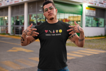 Load image into Gallery viewer, Gamer designed, T-shirt with video game images of a Health Heart, Sword, Potion Bottle, Shield, and Coin.  Choose Your Reward.  This updated unisex essential fits like one of your well-loved favorite tees. Super soft cotton and excellent quality print makes this tee the one you'll reach for again and again.