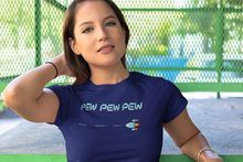 Load image into Gallery viewer, Zooming ship firing missiles.  Makes ya wanna say, "Pew Pew Pew!"  Video game inspired designed tee t-shirt