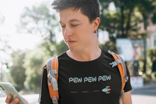 Load image into Gallery viewer, Zooming ship firing missiles.  Makes ya wanna say, "Pew Pew Pew!"  Video game inspired designed tee t-shirt