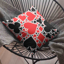 Load image into Gallery viewer, ♣️ ♦️ ♠️ ♥️ Covered in poker suits (hearts, clubs, diamonds, and clubs), this fun game room pillow is blue and gray to fit in perfectly with your game room decor.