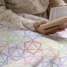Load image into Gallery viewer, Dice Spectrum Blanket for your game room. All over print of multicolor d20 dice by Red Fox Brand