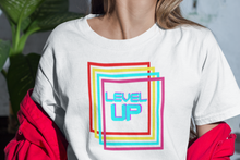 Load image into Gallery viewer, Retro designed gamer Level UP.  Pastel colors and 70's styling takes ya back to the early days of video gaming. Tee T-shirt