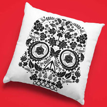 Load image into Gallery viewer, 💀 20 Sided Eyes Sugar Skull 💀 Cool gaming designed Game Room Pillow with black Sugar Skull that has 20 sided dice for eyes.  Description:  Game room accents shouldn&#39;t be underrated. These beautiful indoor pillows come in two sizes. by Red Fox Brand
