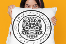 Load image into Gallery viewer, Cool gaming designed Game Room Pillow in Black and White with a sweet Sugar Skull ringed by &quot;20 sided eyes.&quot;  White on front with design, solid black on back side.
