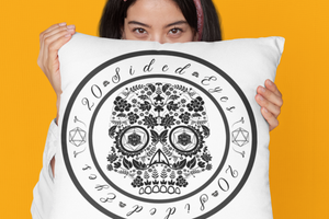 Cool gaming designed Game Room Pillow in Black and White with a sweet Sugar Skull ringed by "20 sided eyes."  White on front with design, solid black on back side.