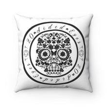 Load image into Gallery viewer, Cool gaming designed Game Room Pillow in Black and White with a sweet Sugar Skull ringed by &quot;20 sided eyes.&quot;  White on front with design, solid black on back side.
