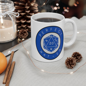 Sip your perfect cup of coffee, tea, or cocoa is this perfect gamer mug.  d20 die encircled by the words, "Perfect NAT-20." 
