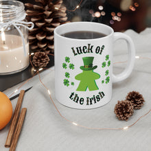 Load image into Gallery viewer, ☘️ Luck of the Irish Meeple ☘️ Save this one as your lucky gamer mug. Description: This classic shaped white, durable ceramic mug is perfect for coffee, tea, or even yummy hot chocolate.  St Patrick&#39;s Day Gamer MUG
