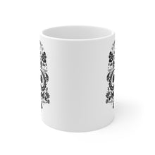 Load image into Gallery viewer, front side of gamer coffee mug with skull and 20 sided dice as eyes
