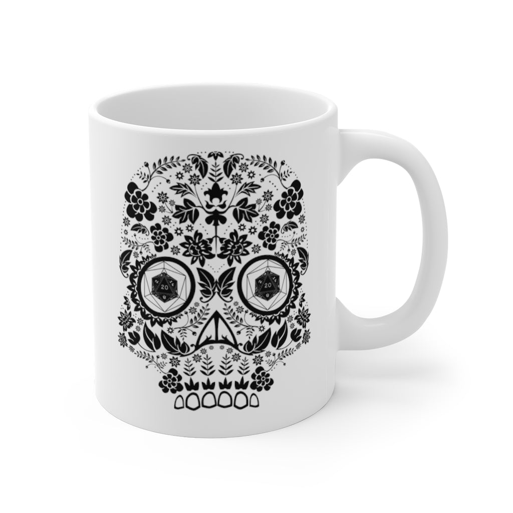 right handed side of gamer coffee mug with skull and 20 sided dice as eyes