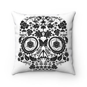 💀 20 Sided Eyes Sugar Skull 💀 Cool gaming designed Game Room Pillow with black Sugar Skull that has 20 sided dice for eyes.  Description:  Game room accents shouldn't be underrated. These beautiful indoor pillows come in two sizes. by Red Fox Brand