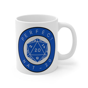 Sip your perfect cup of coffee, tea, or cocoa is this perfect gamer mug.  d20 die encircled by the words, "Perfect NAT-20." 