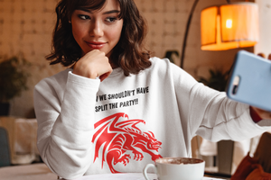 Split the party!! - RPG Gamer T-shirt | Red Fox Brand RPG (Roll Playing Game) T-shirt - tee.  Yeah, I knew we shouldn't have split the party.  Funny design with a large, scary red dragon.