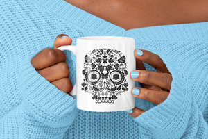 gamer coffee mug with skull and 20 sided dice as eyes