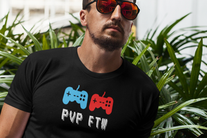 Player vs. Player - For The Win! This multi-player, gaming designed, unisex t-shirt fits like one of your well-loved favorite tees. Super soft cotton and excellent quality print makes this tee the one you'll reach for again and again